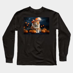 Lovely white and orange witch cat on Halloween night Long Sleeve T-Shirt